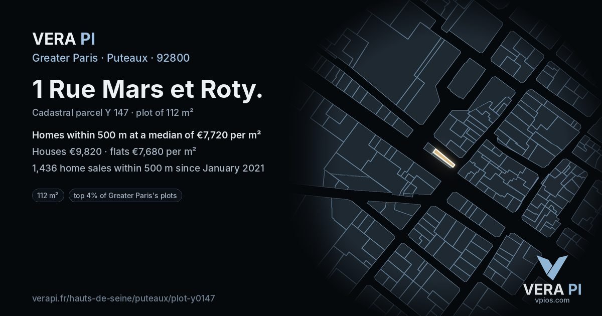 1 Rue Mars et Roty, Puteaux at night – the plot lit, the parcels around coloured by the prices near them