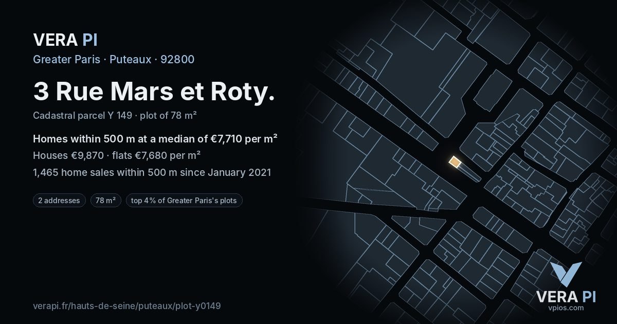3 Rue Mars et Roty, Puteaux at night – the plot lit, the parcels around coloured by the prices near them