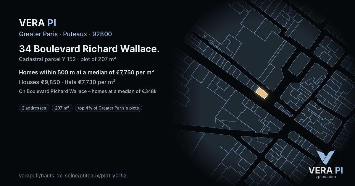 34 Boulevard Richard Wallace, Puteaux at night – the plot lit, the parcels around coloured by the prices near them