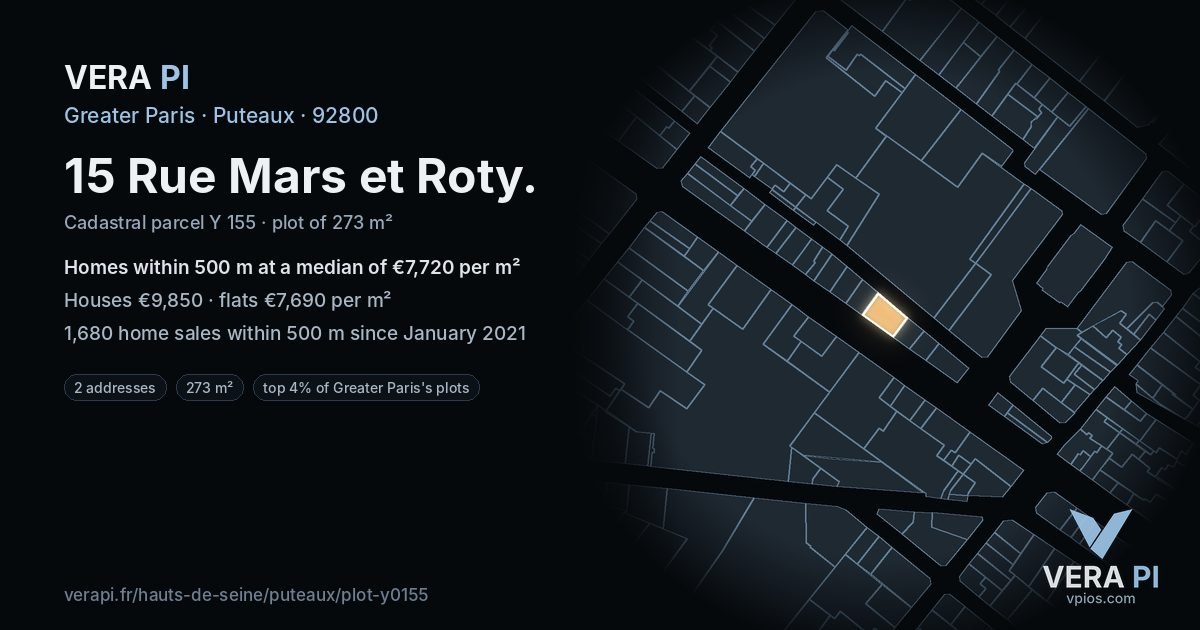 15 Rue Mars et Roty, Puteaux at night – the plot lit, the parcels around coloured by the prices near them