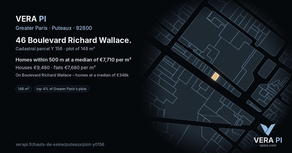 46 Boulevard Richard Wallace, Puteaux at night – the plot lit, the parcels around coloured by the prices near them