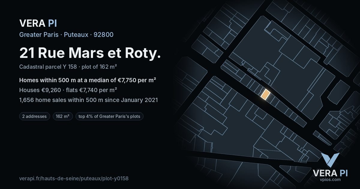21 Rue Mars et Roty, Puteaux at night – the plot lit, the parcels around coloured by the prices near them