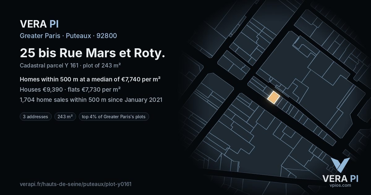 25 bis Rue Mars et Roty, Puteaux at night – the plot lit, the parcels around coloured by the prices near them