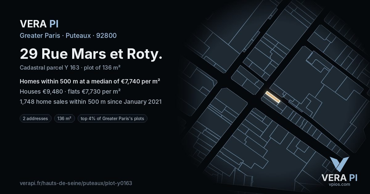 29 Rue Mars et Roty, Puteaux at night – the plot lit, the parcels around coloured by the prices near them