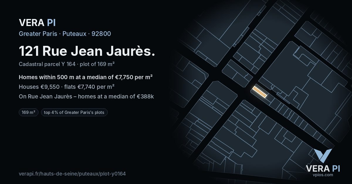 121 Rue Jean Jaurès, Puteaux at night – the plot lit, the parcels around coloured by the prices near them