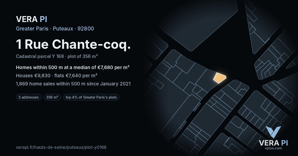 1 Rue Chante-coq, Puteaux at night – the plot lit, the parcels around coloured by the prices near them