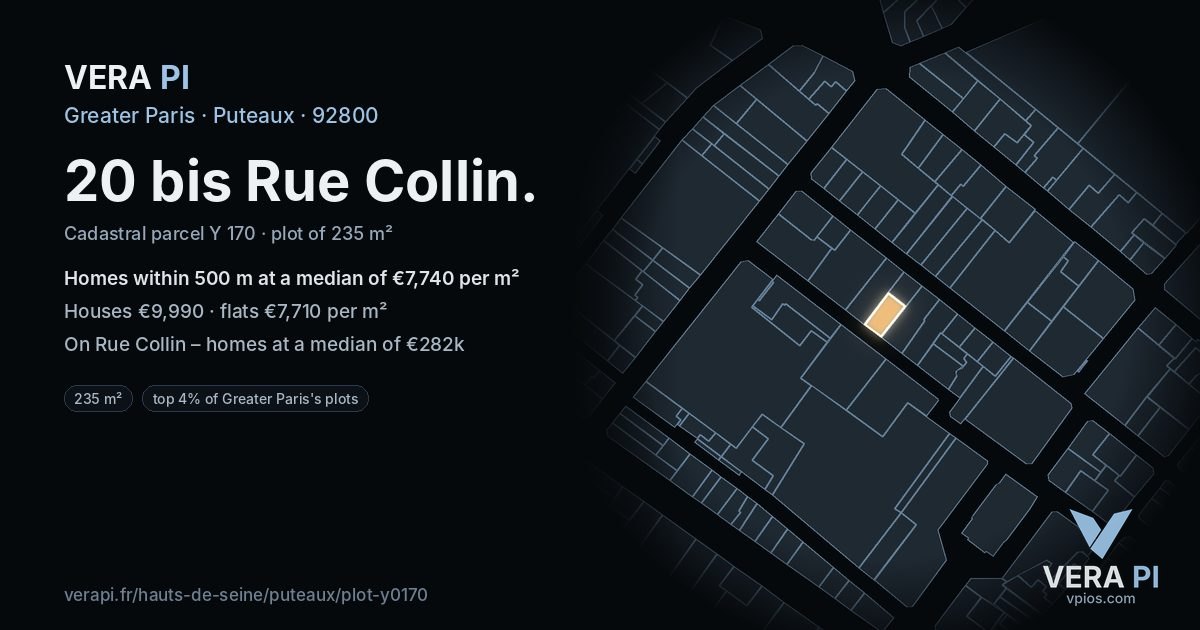 20 bis Rue Collin, Puteaux at night – the plot lit, the parcels around coloured by the prices near them