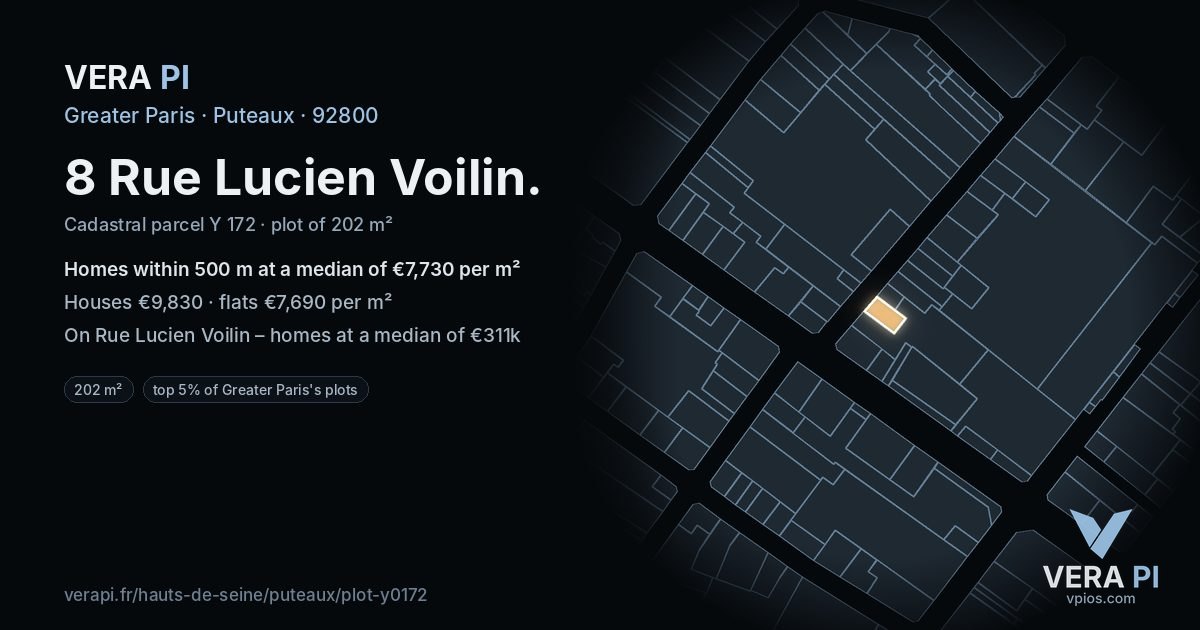 8 Rue Lucien Voilin, Puteaux at night – the plot lit, the parcels around coloured by the prices near them