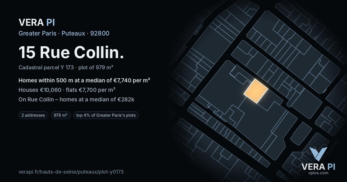 15 Rue Collin, Puteaux at night – the plot lit, the parcels around coloured by the prices near them