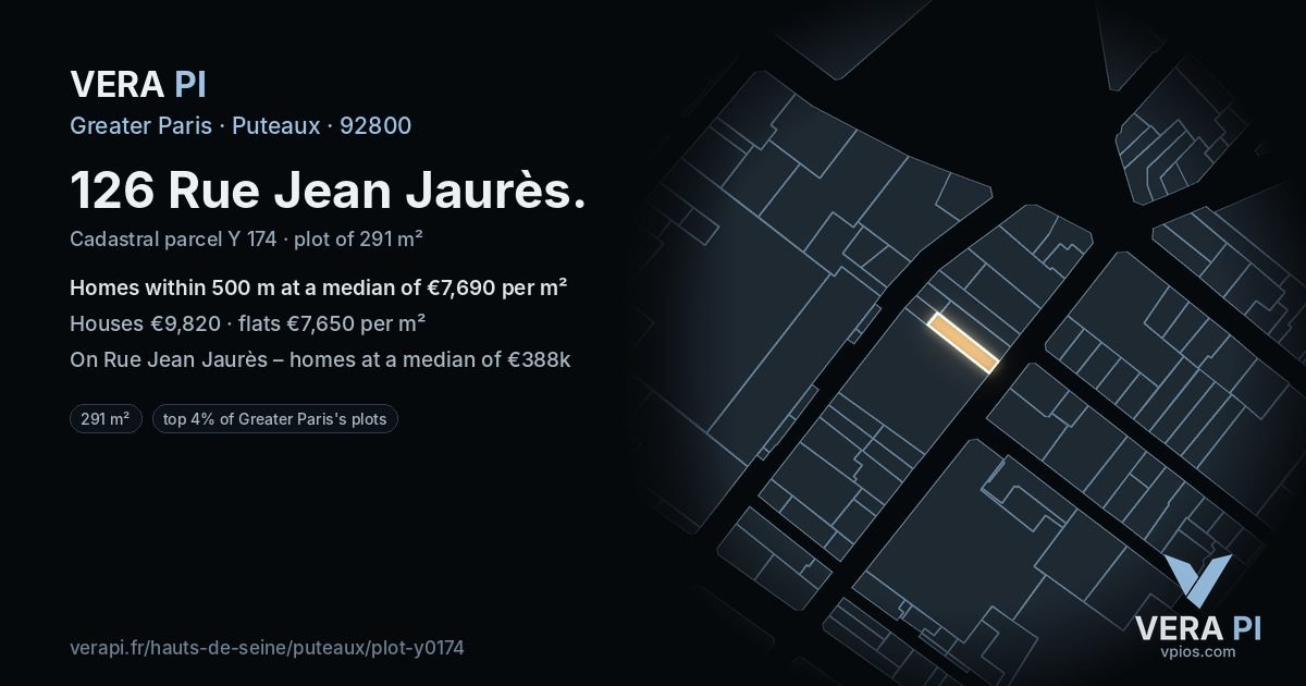 126 Rue Jean Jaurès, Puteaux at night – the plot lit, the parcels around coloured by the prices near them