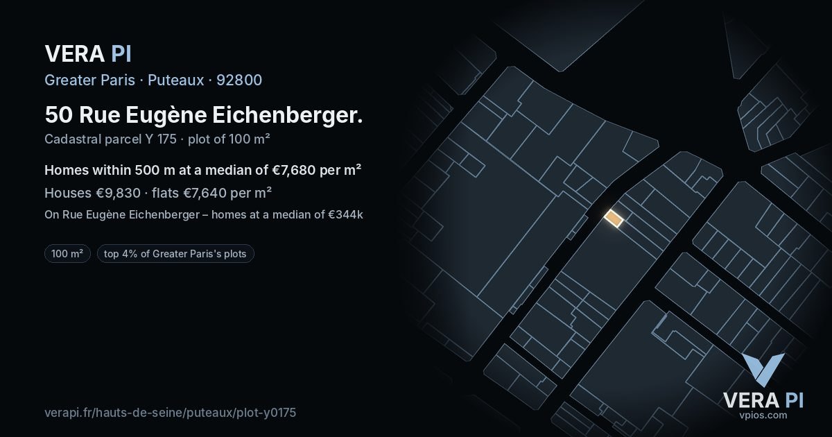 50 Rue Eugène Eichenberger, Puteaux at night – the plot lit, the parcels around coloured by the prices near them