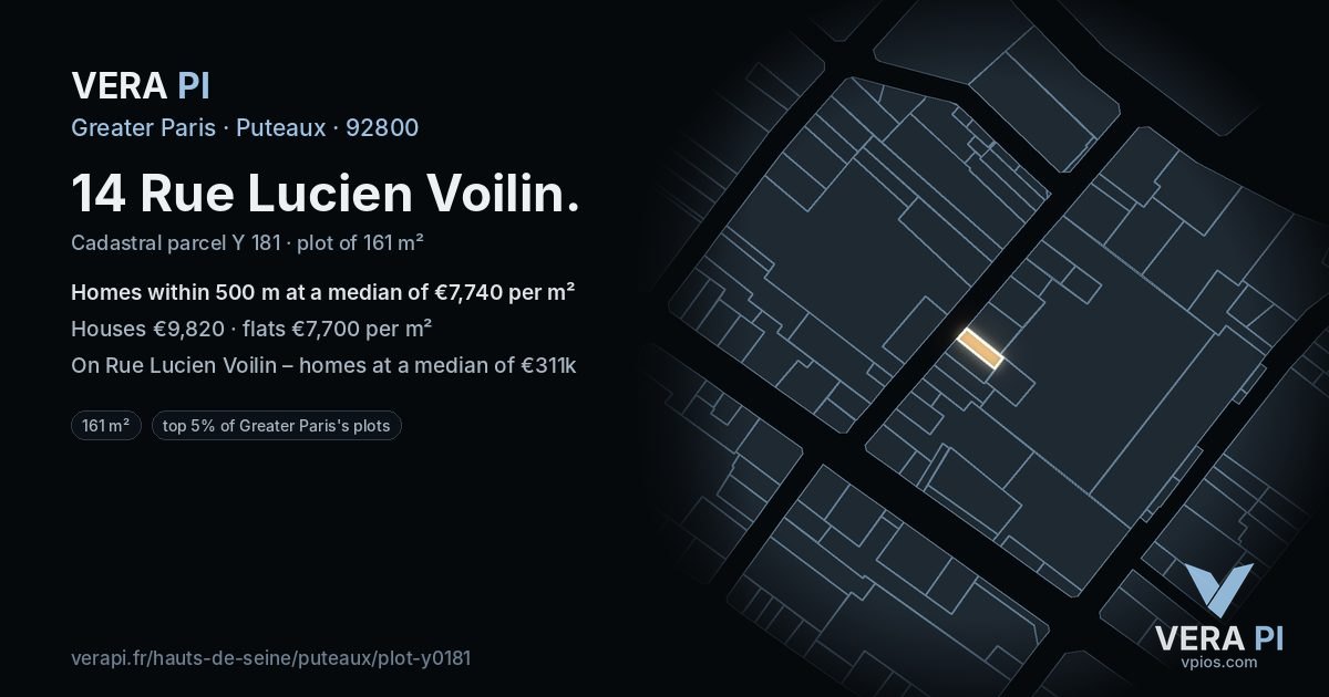 14 Rue Lucien Voilin, Puteaux at night – the plot lit, the parcels around coloured by the prices near them