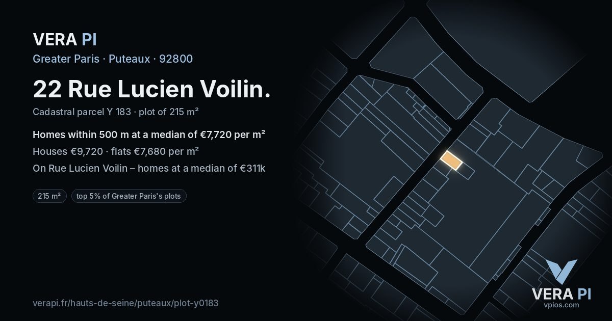 22 Rue Lucien Voilin, Puteaux at night – the plot lit, the parcels around coloured by the prices near them