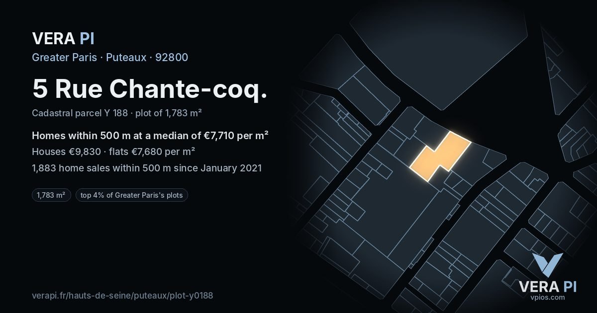 5 Rue Chante-coq, Puteaux at night – the plot lit, the parcels around coloured by the prices near them