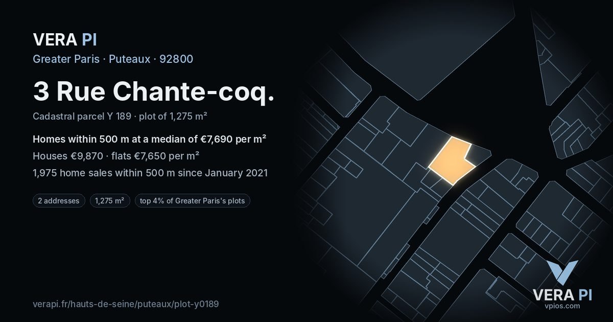 3 Rue Chante-coq, Puteaux at night – the plot lit, the parcels around coloured by the prices near them