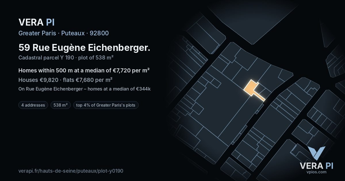 59 Rue Eugène Eichenberger, Puteaux at night – the plot lit, the parcels around coloured by the prices near them