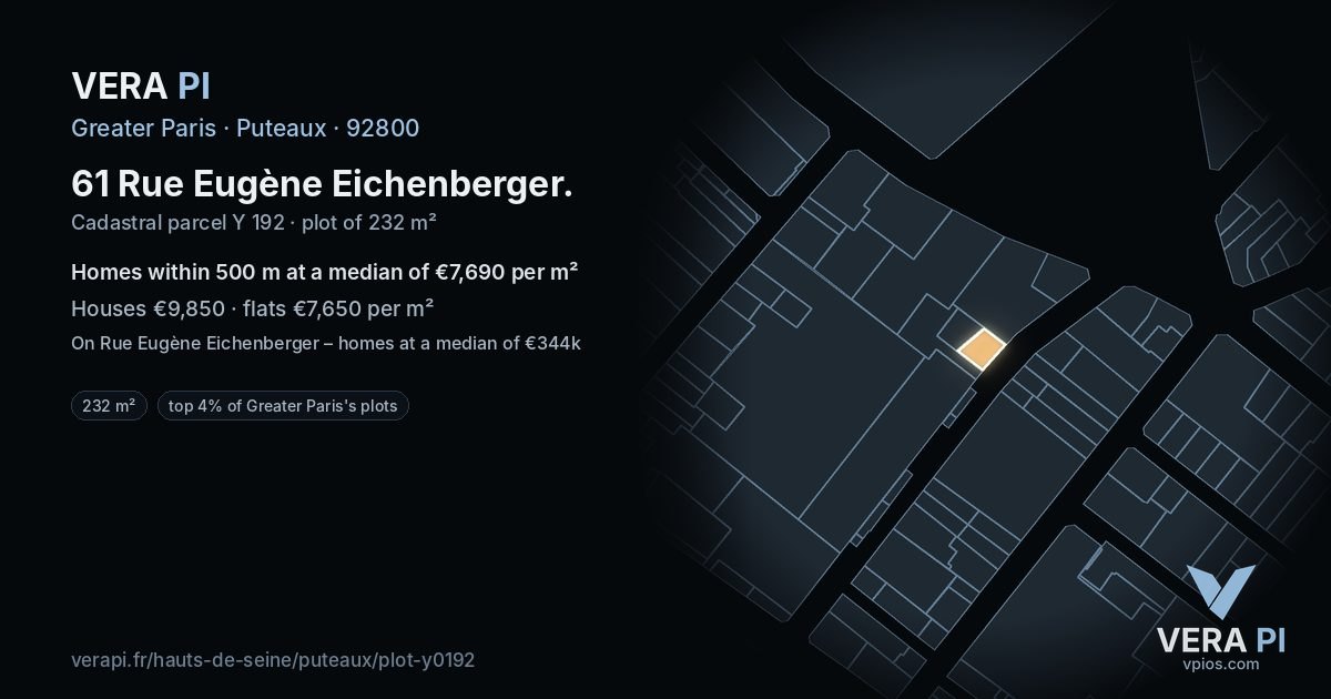 61 Rue Eugène Eichenberger, Puteaux at night – the plot lit, the parcels around coloured by the prices near them