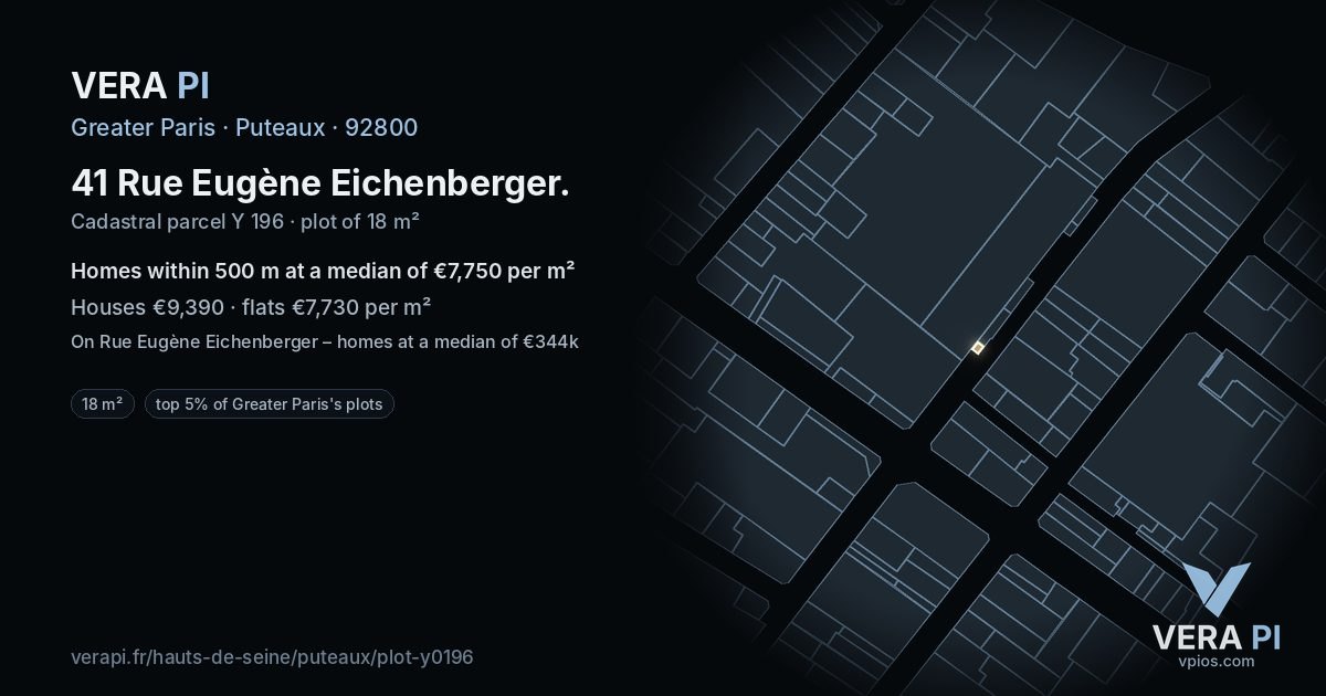 41 Rue Eugène Eichenberger, Puteaux at night – the plot lit, the parcels around coloured by the prices near them