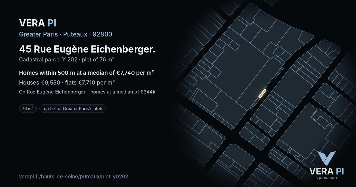 45 Rue Eugène Eichenberger, Puteaux at night – the plot lit, the parcels around coloured by the prices near them