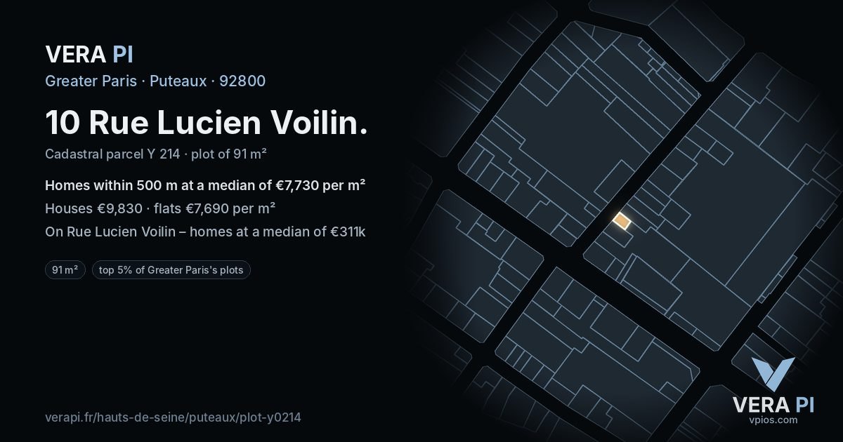 10 Rue Lucien Voilin, Puteaux at night – the plot lit, the parcels around coloured by the prices near them