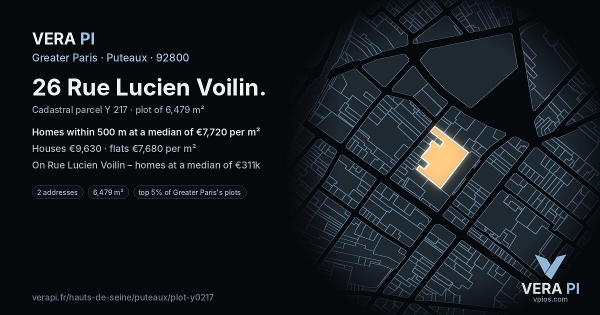 26 Rue Lucien Voilin, Puteaux at night – the plot lit, the parcels around coloured by the prices near them
