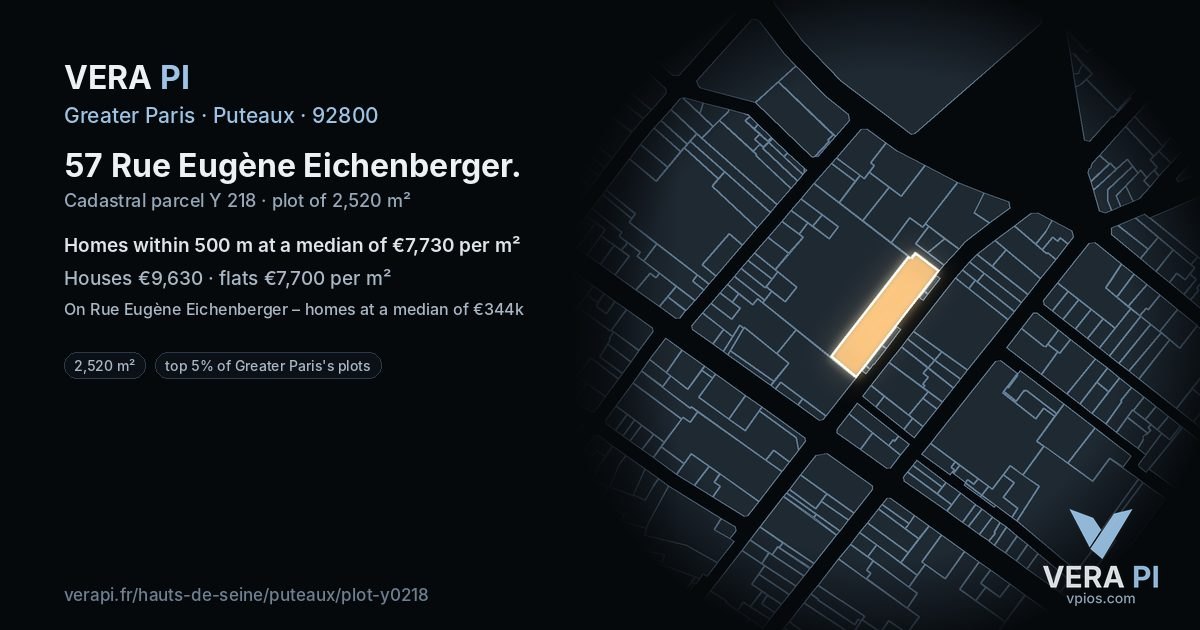 57 Rue Eugène Eichenberger, Puteaux at night – the plot lit, the parcels around coloured by the prices near them