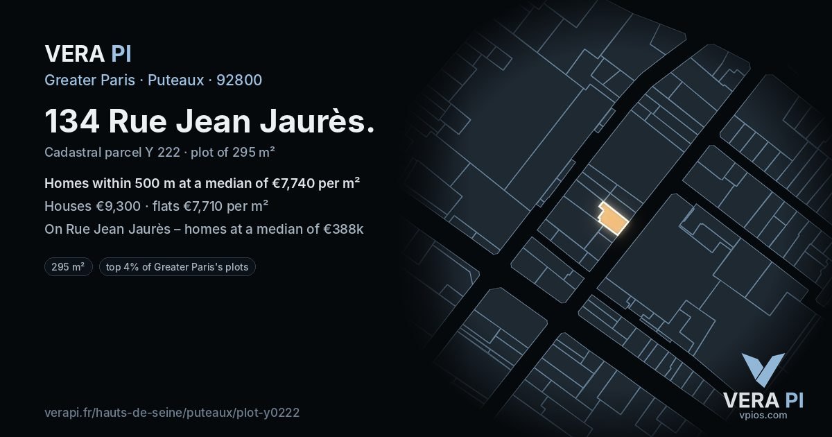 134 Rue Jean Jaurès, Puteaux at night – the plot lit, the parcels around coloured by the prices near them