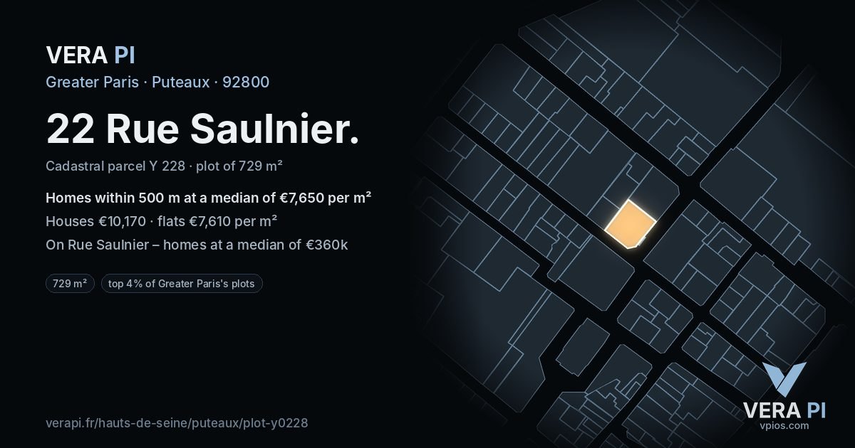 22 Rue Saulnier, Puteaux at night – the plot lit, the parcels around coloured by the prices near them
