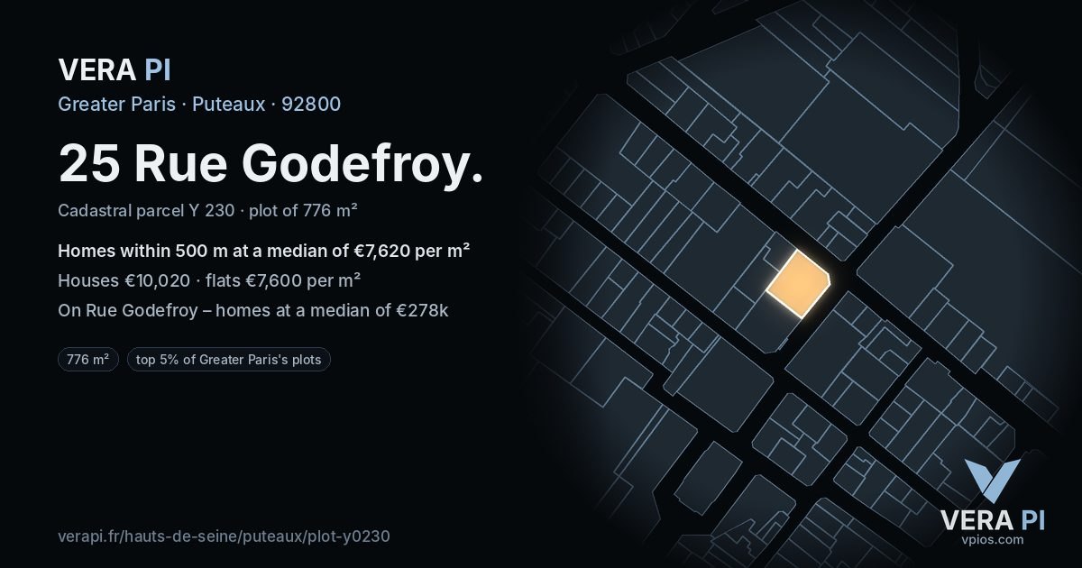25 Rue Godefroy, Puteaux at night – the plot lit, the parcels around coloured by the prices near them