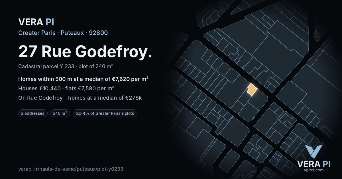 27 Rue Godefroy, Puteaux at night – the plot lit, the parcels around coloured by the prices near them