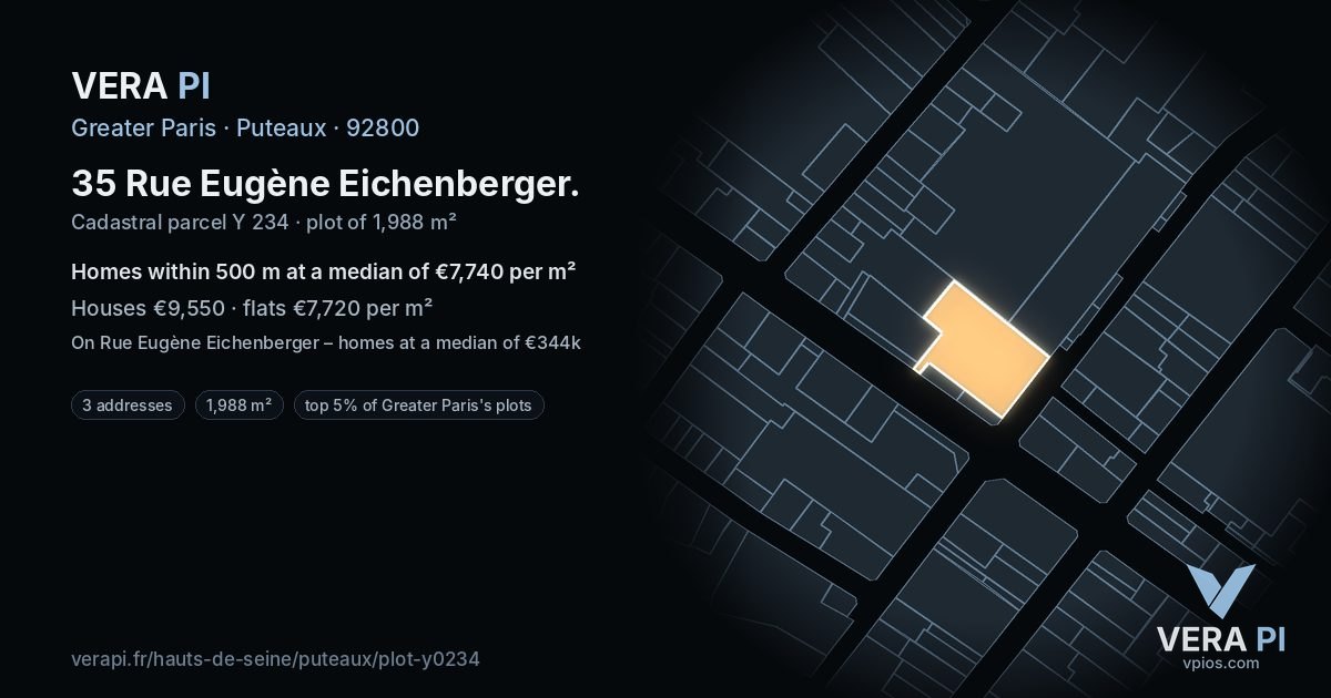35 Rue Eugène Eichenberger, Puteaux at night – the plot lit, the parcels around coloured by the prices near them