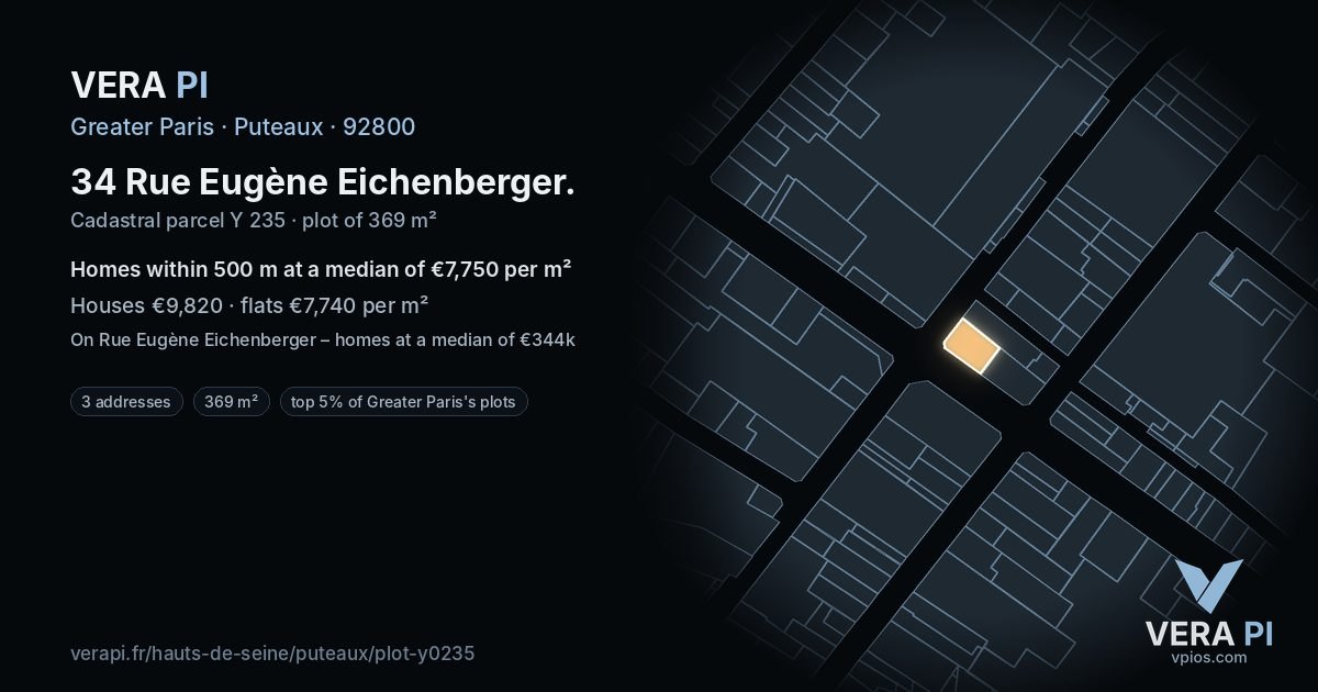 34 Rue Eugène Eichenberger, Puteaux at night – the plot lit, the parcels around coloured by the prices near them