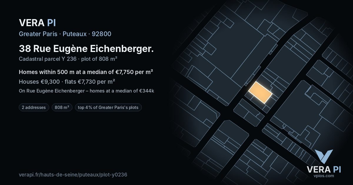 38 Rue Eugène Eichenberger, Puteaux at night – the plot lit, the parcels around coloured by the prices near them