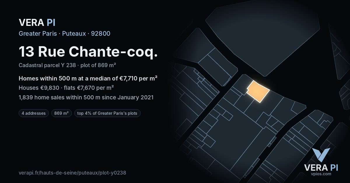 13 Rue Chante-coq, Puteaux at night – the plot lit, the parcels around coloured by the prices near them