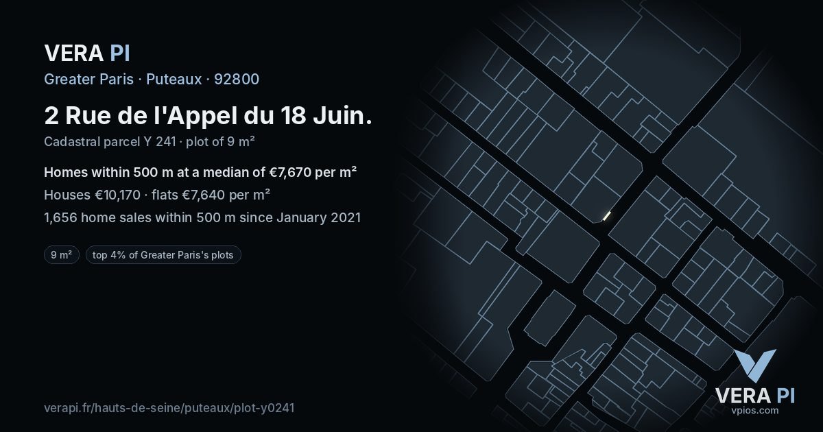 2 Rue de l'Appel du 18 Juin, Puteaux at night – the plot lit, the parcels around coloured by the prices near them