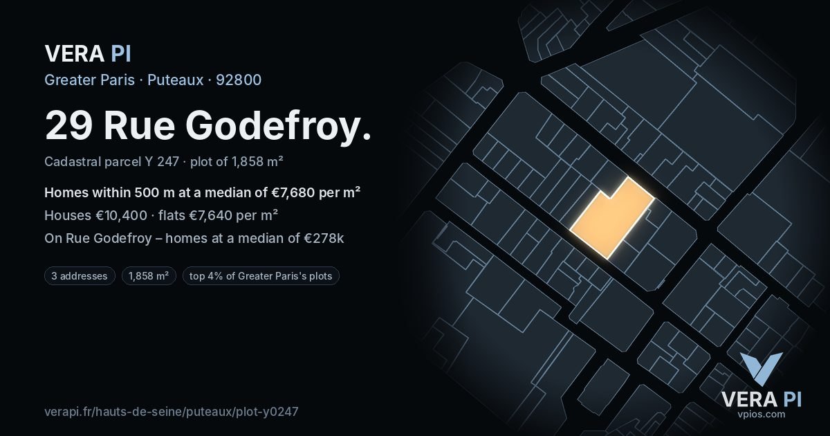 29 Rue Godefroy, Puteaux at night – the plot lit, the parcels around coloured by the prices near them