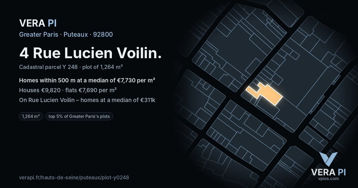 4 Rue Lucien Voilin, Puteaux at night – the plot lit, the parcels around coloured by the prices near them
