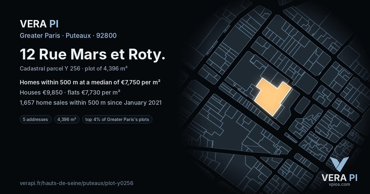 12 Rue Mars et Roty, Puteaux at night – the plot lit, the parcels around coloured by the prices near them