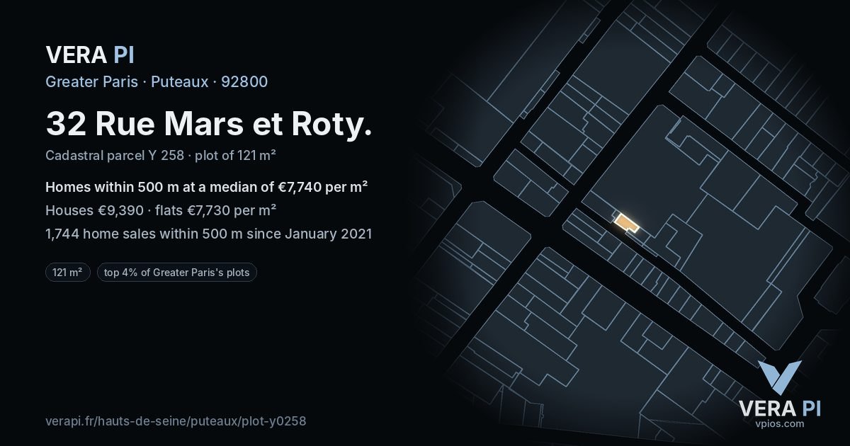 32 Rue Mars et Roty, Puteaux at night – the plot lit, the parcels around coloured by the prices near them