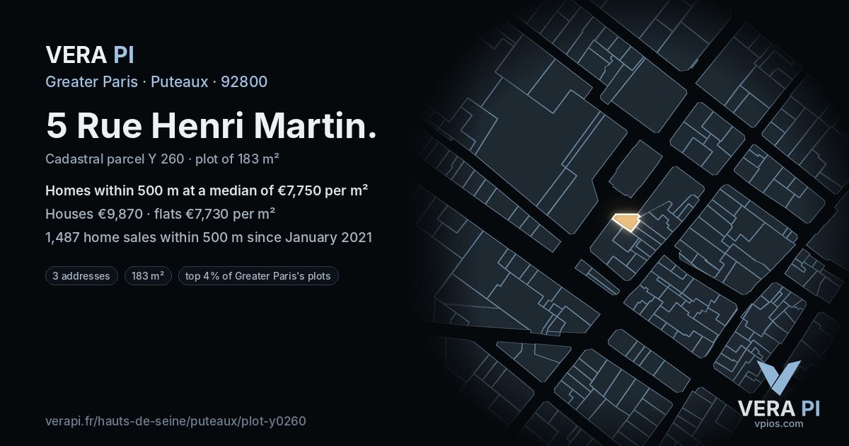 5 Rue Henri Martin, Puteaux at night – the plot lit, the parcels around coloured by the prices near them