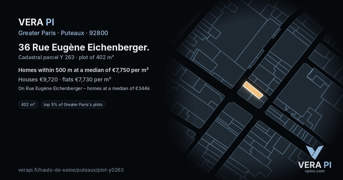 36 Rue Eugène Eichenberger, Puteaux at night – the plot lit, the parcels around coloured by the prices near them