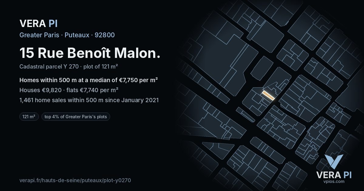 15 Rue Benoît Malon, Puteaux at night – the plot lit, the parcels around coloured by the prices near them