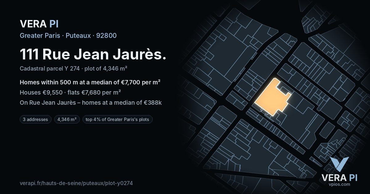111 Rue Jean Jaurès, Puteaux at night – the plot lit, the parcels around coloured by the prices near them