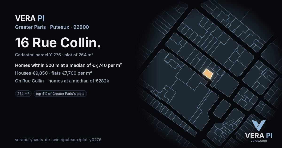 16 Rue Collin, Puteaux at night – the plot lit, the parcels around coloured by the prices near them