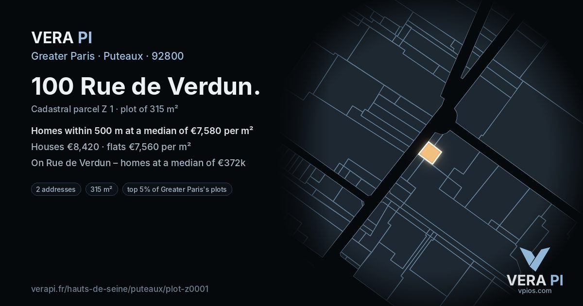 100 Rue de Verdun, Puteaux at night – the plot lit, the parcels around coloured by the prices near them