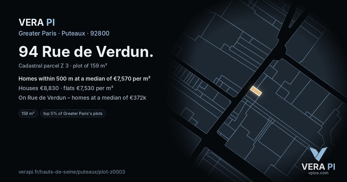 94 Rue de Verdun, Puteaux at night – the plot lit, the parcels around coloured by the prices near them