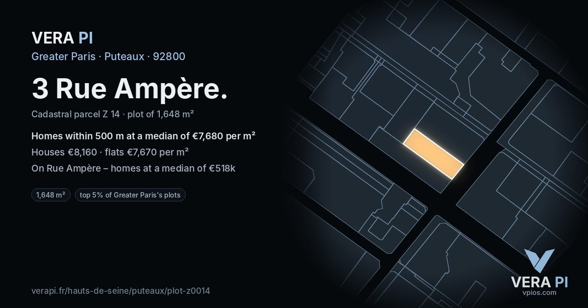 3 Rue Ampère, Puteaux at night – the plot lit, the parcels around coloured by the prices near them