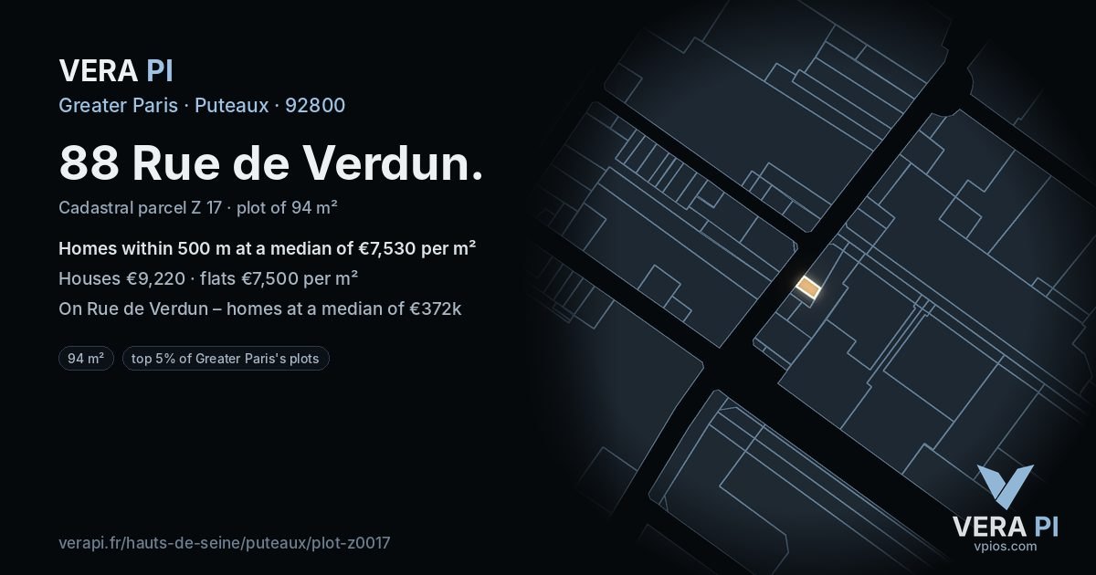 88 Rue de Verdun, Puteaux at night – the plot lit, the parcels around coloured by the prices near them