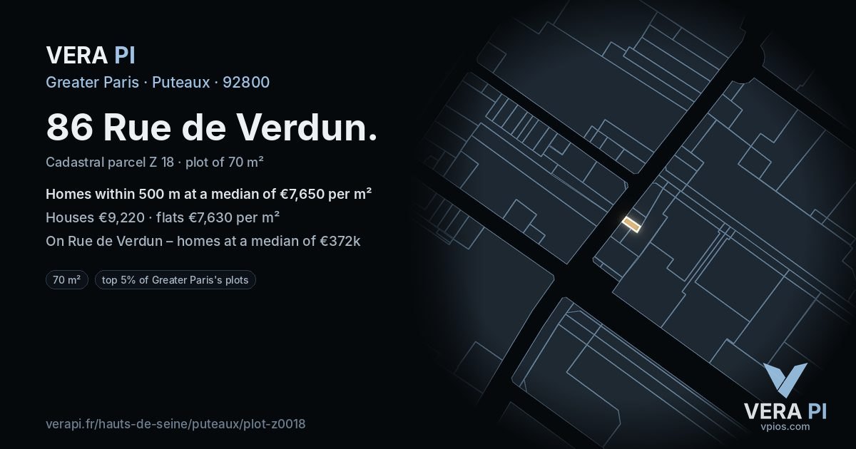 86 Rue de Verdun, Puteaux at night – the plot lit, the parcels around coloured by the prices near them
