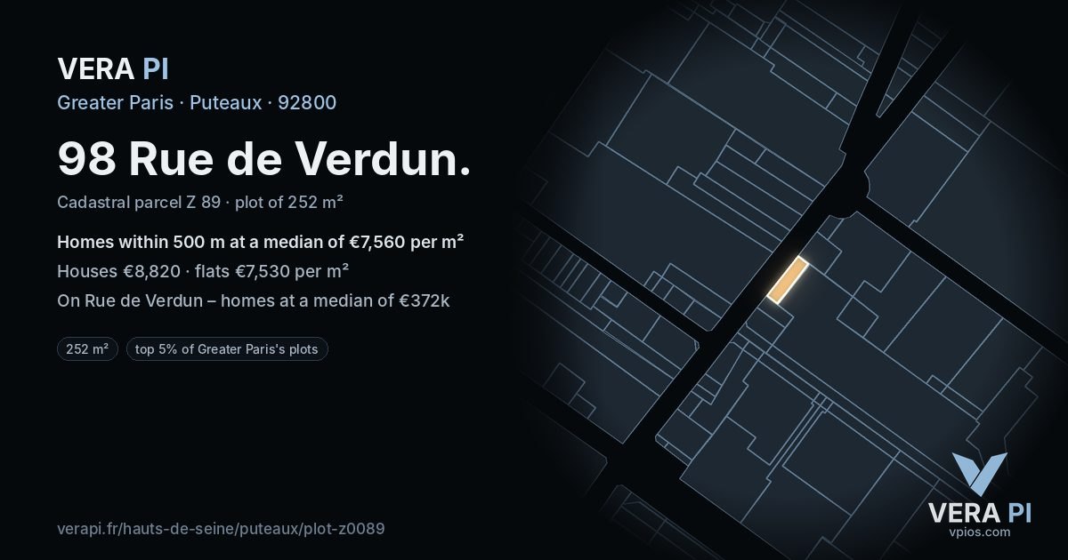 98 Rue de Verdun, Puteaux at night – the plot lit, the parcels around coloured by the prices near them